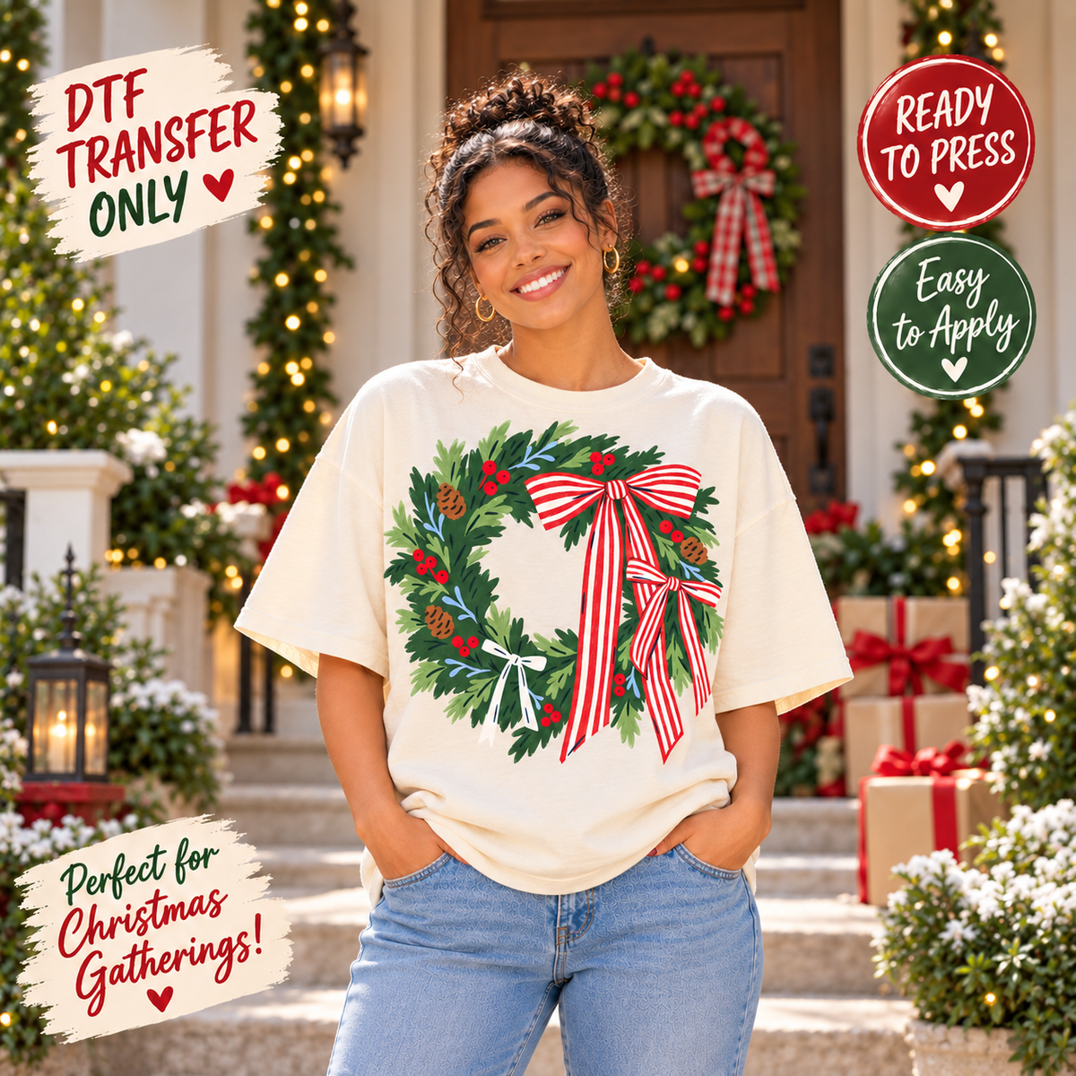Christmas Wreath with Striped Bow DTF Transfer 15668