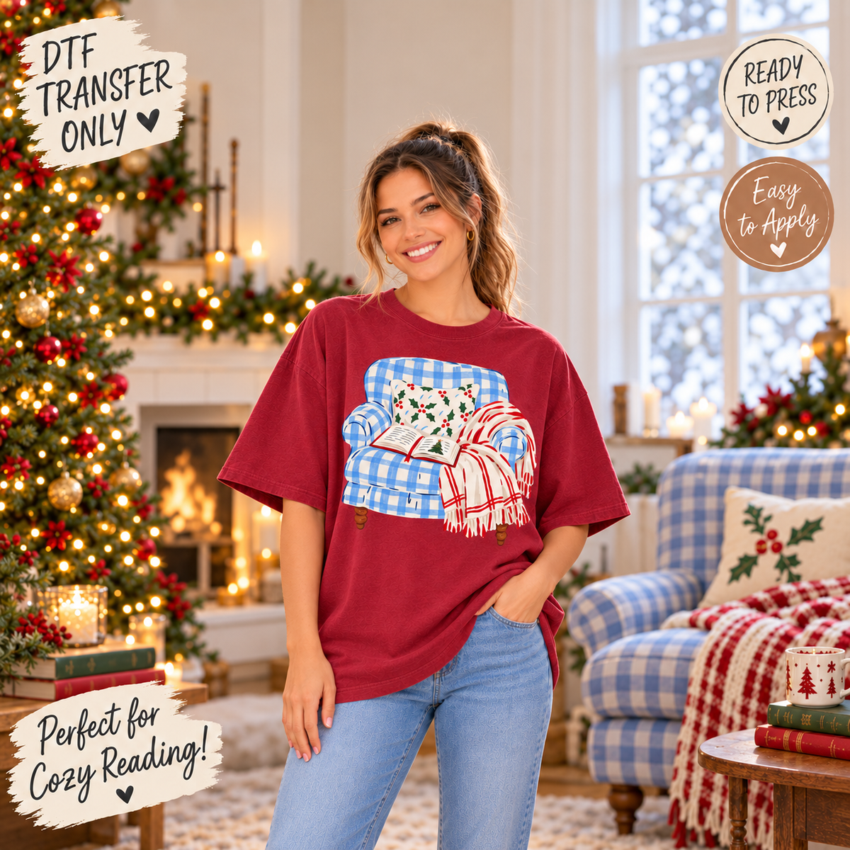 Christmas Reading Chair DTF Transfer - Book and Blanket 15672