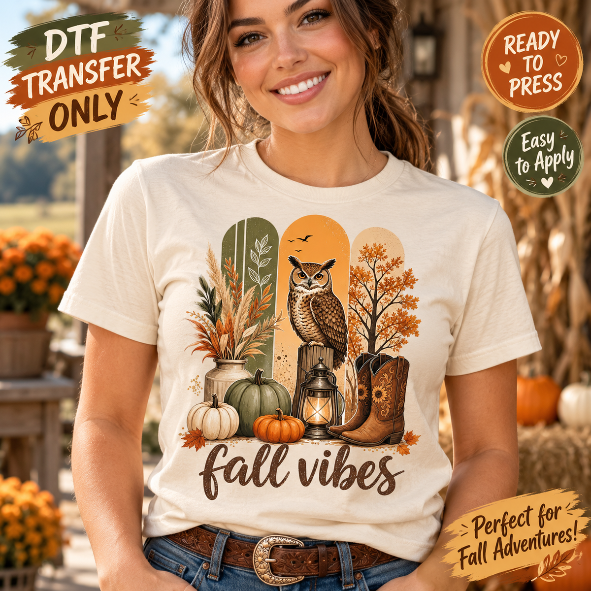 Fall Vibes Western Owl DTF Transfer - Boots and Pumpkins 15714