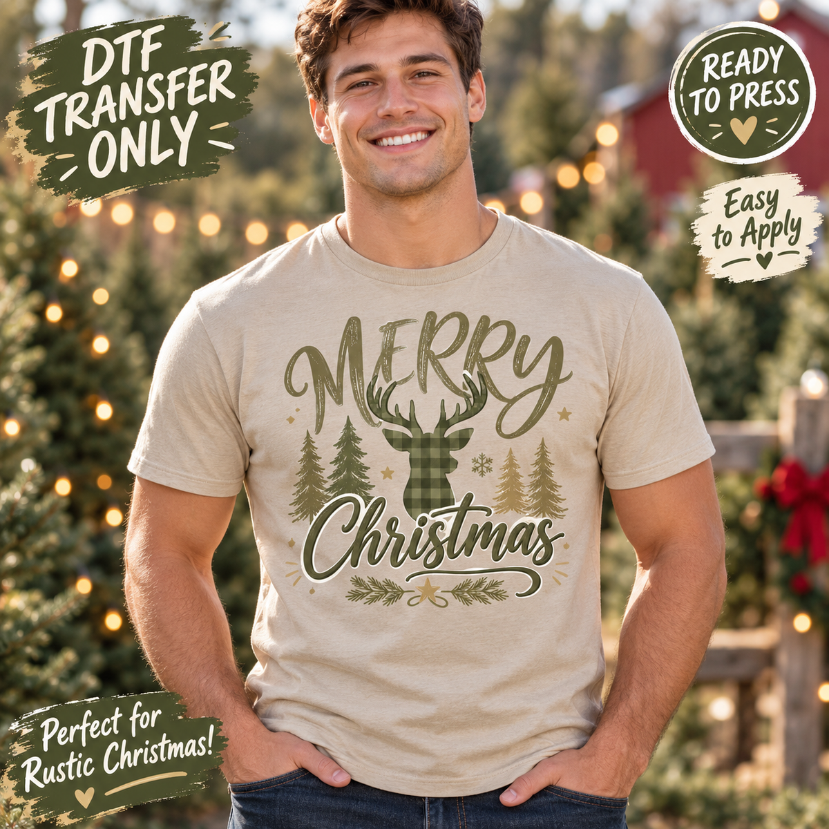 Merry Christmas Deer and Trees DTF Transfer - Rustic Green 15715
