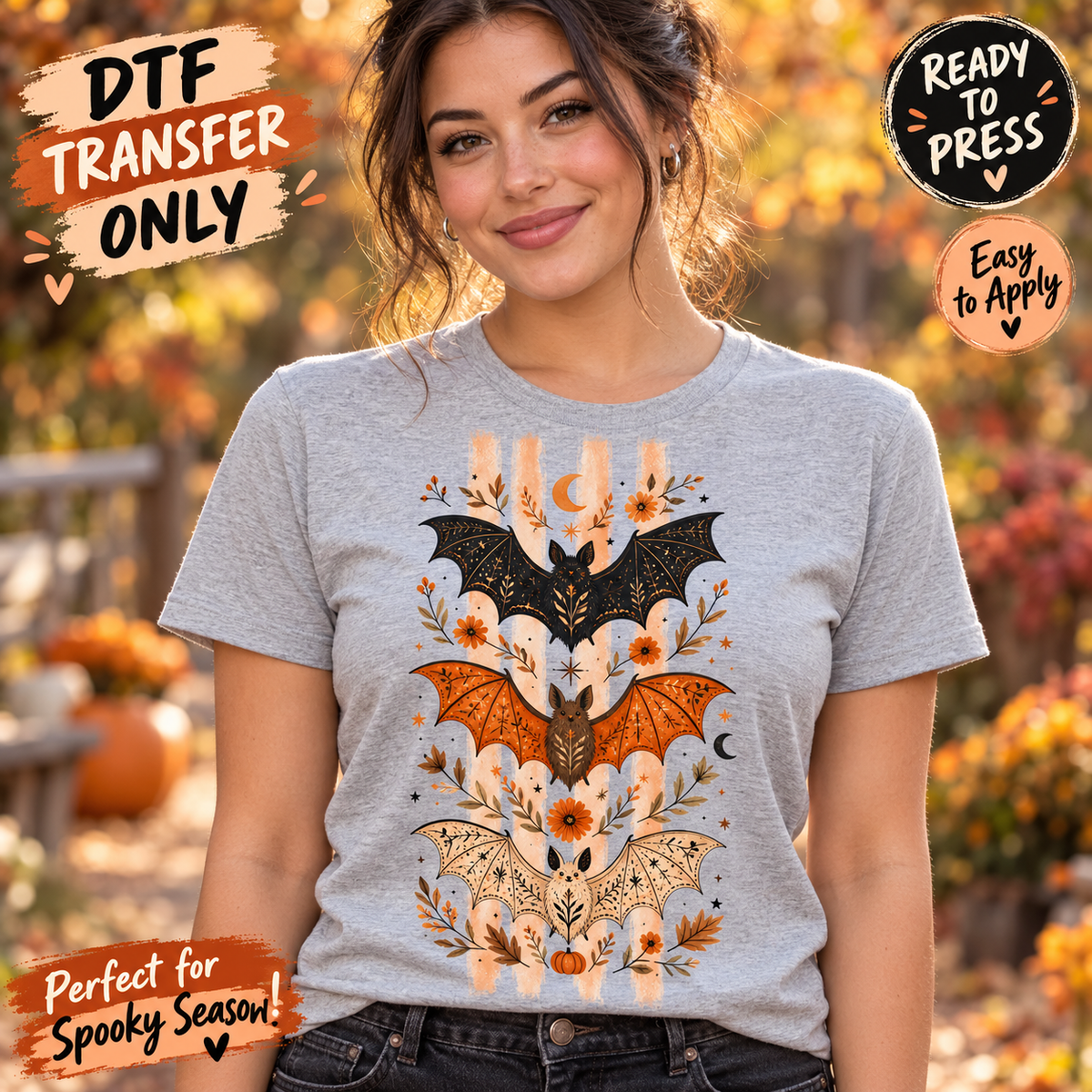 Botanical Bat Trio Halloween DTF Transfer - Orange and Cream 15716
