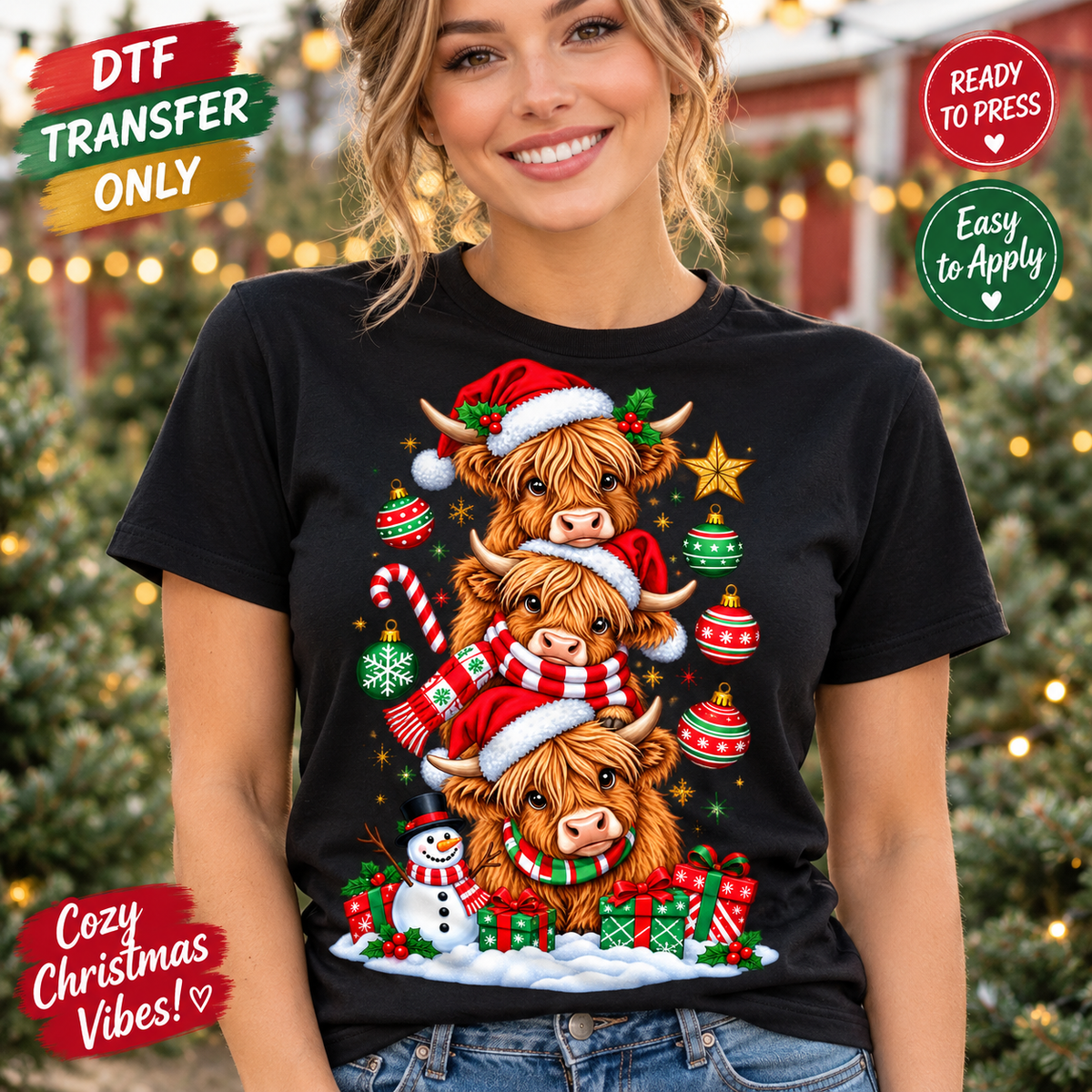 Christmas Highland Cow Stack DTF Transfer 15741