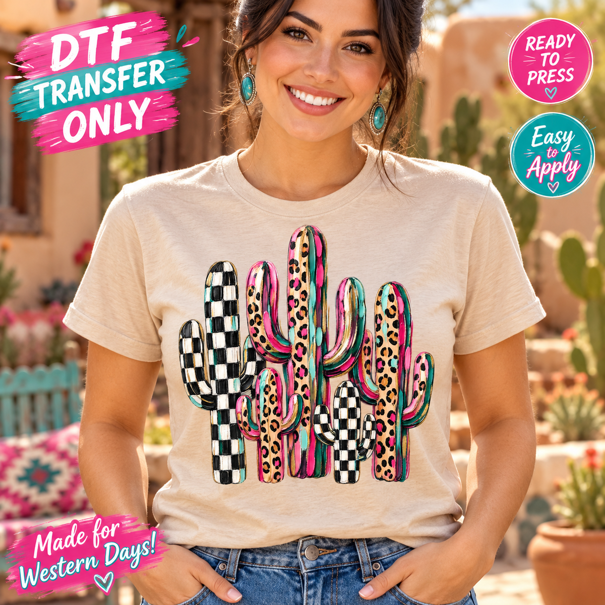 Pink Leopard and Checkerboard Cactus DTF Transfer 15746