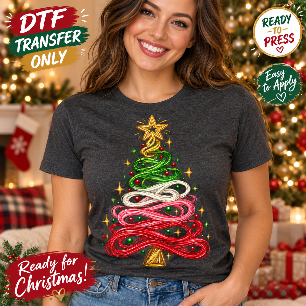 Ribbon Christmas Tree DTF Transfer Red Green White 15758
