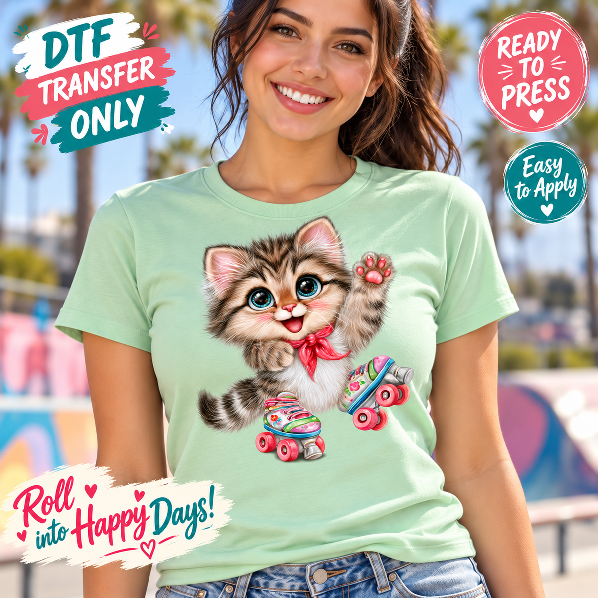 A woman wearing a mint green t-shirt with a cartoon graphic of a smiling tabby kitten on roller skates. The background is a blurred outdoor skatepark.