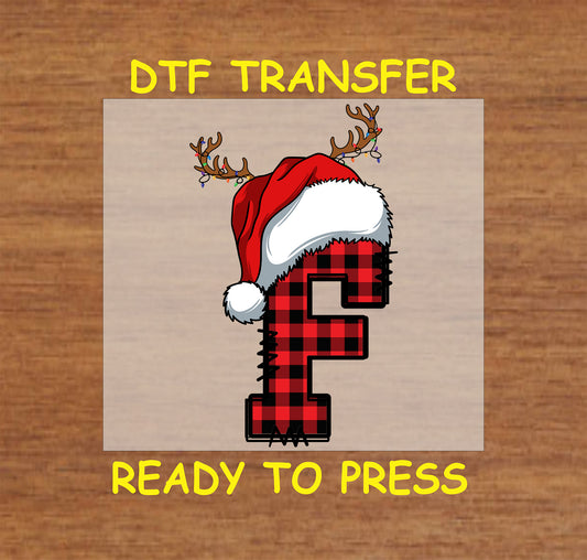 Christmas DTF Transfer Iron On Heat Transfer - Ready to Press, Personalized Buffalo Plaid Letter F with Santa Hat and Reindeer Antlers Design 1988