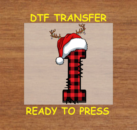 DTF transfer featuring a buffalo plaid letter "I" adorned with a Santa hat and reindeer antlers, perfect for festive holiday apparel and custom gifts.