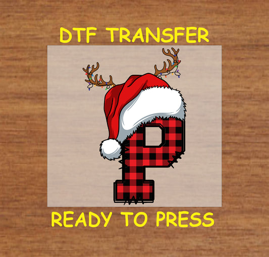 DTF transfer featuring a buffalo plaid letter "P" adorned with a Santa hat and reindeer antlers, perfect for festive holiday apparel and Christmas crafting.