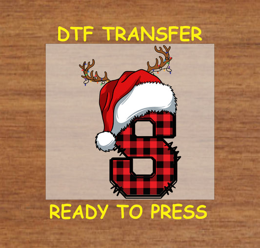 DTF transfer featuring a buffalo plaid letter "S" with a Santa hat and reindeer antlers, ideal for festive holiday apparel and personalized Christmas crafts.