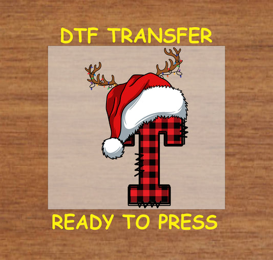 DTF transfer featuring a buffalo plaid letter "T" with a Santa hat and reindeer antlers, perfect for personalized Christmas crafts and festive apparel.
