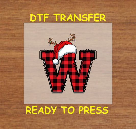 DTF transfer featuring a buffalo plaid letter "W" with a Santa hat and reindeer antlers, perfect for Christmas crafts and personalized holiday apparel.