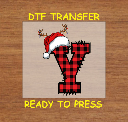 DTF transfer featuring a buffalo plaid letter "Y" with a Santa hat and reindeer antlers, ideal for holiday crafts and personalized Christmas projects.