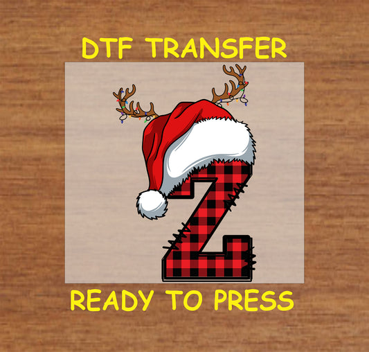 DTF transfer featuring a buffalo plaid Letter "Z" with a Santa hat and reindeer antlers, perfect for personalized holiday crafts and festive projects.