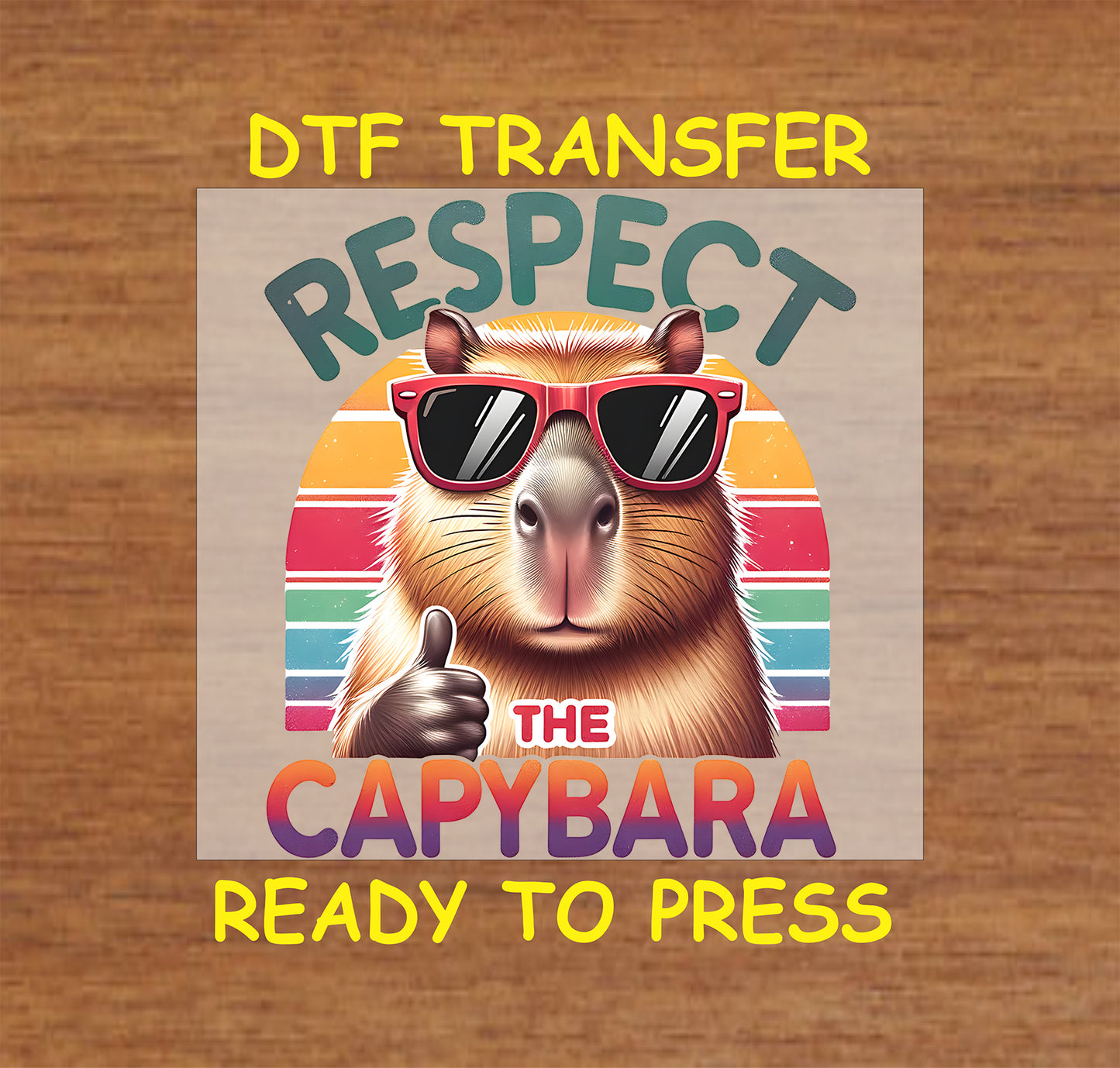 Capybara DTF transfer with sunglasses and a retro rainbow design, perfect for custom apparel.