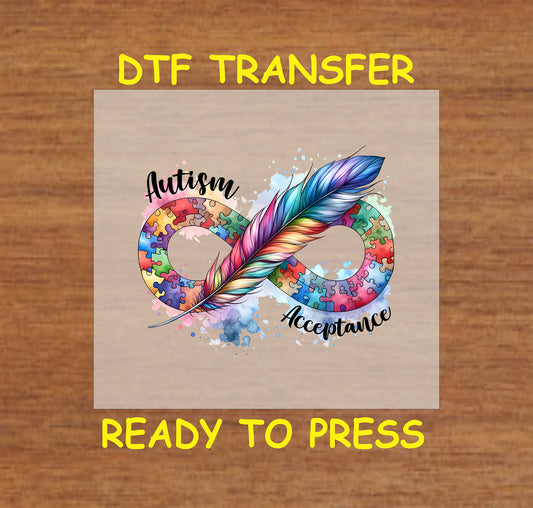 "Autism Acceptance" DTF transfer with a colorful infinity symbol, puzzle patterns, and a vibrant feather design.