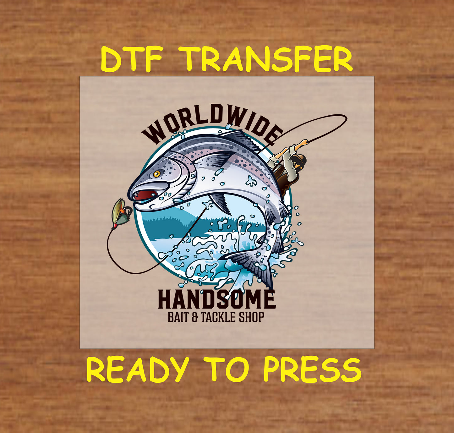 "Worldwide Handsome fishing DTF transfer with jumping fish graphic and fishing rod design, ready to press."