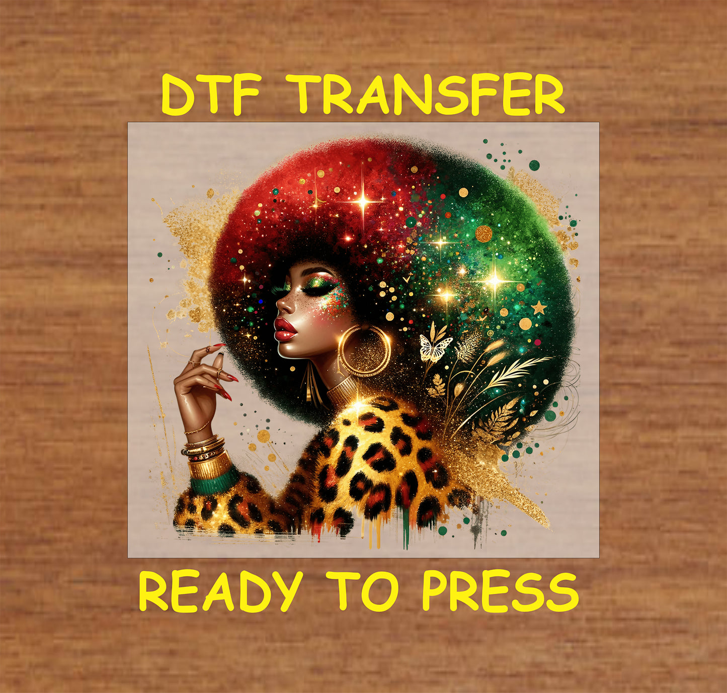 "Vibrant Afro Glam DTF transfer with red, green, and gold afro hairstyle, glitter details, and leopard print accents."