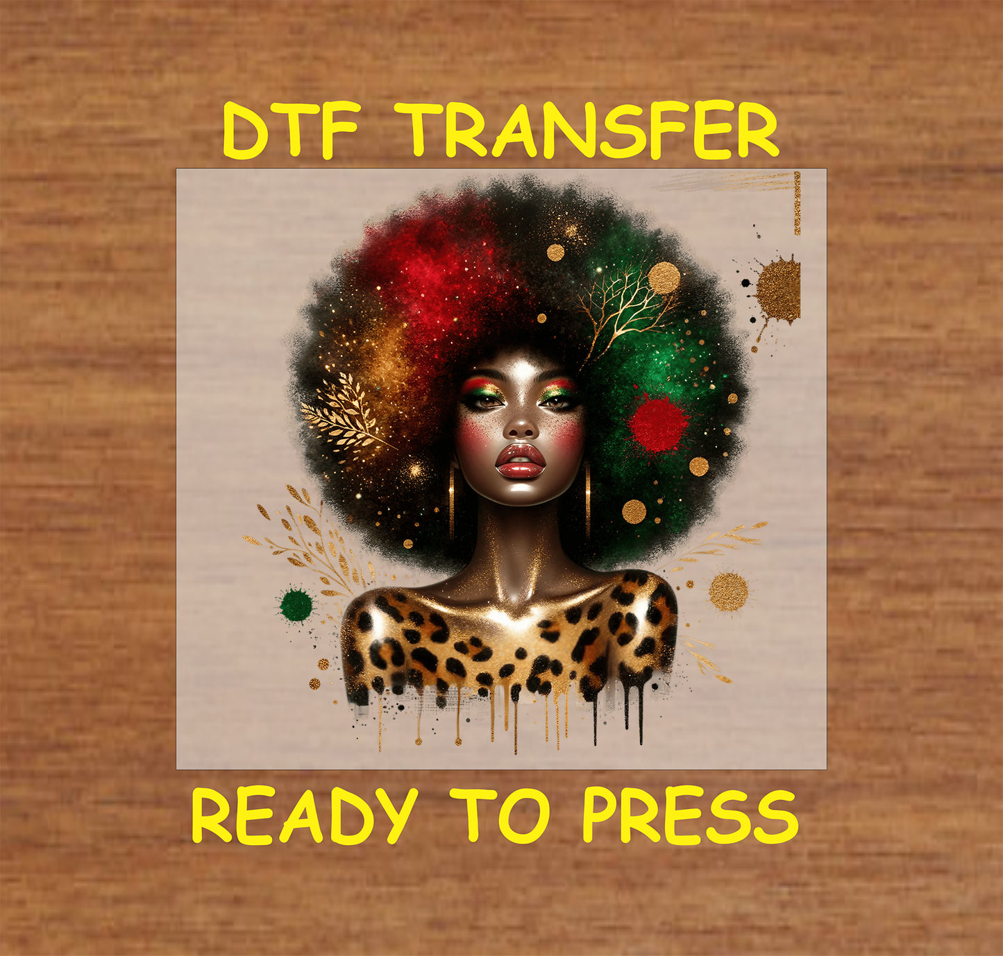 "DTF transfer of a woman with a glowing afro in red, green, and gold, wearing leopard print."