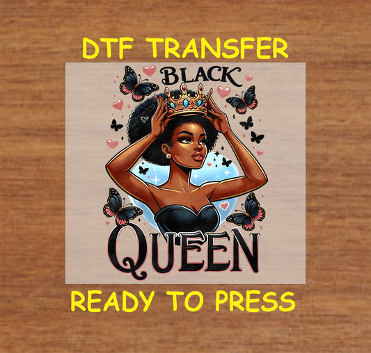 "DTF Transfer design of a crowned Black queen with butterflies and hearts, ready to press for custom apparel."