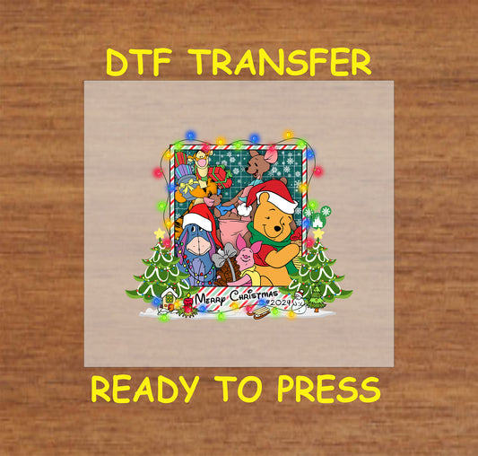 DTF transfer featuring cheerful holiday characters celebrating Christmas with festive lights and decorations.
