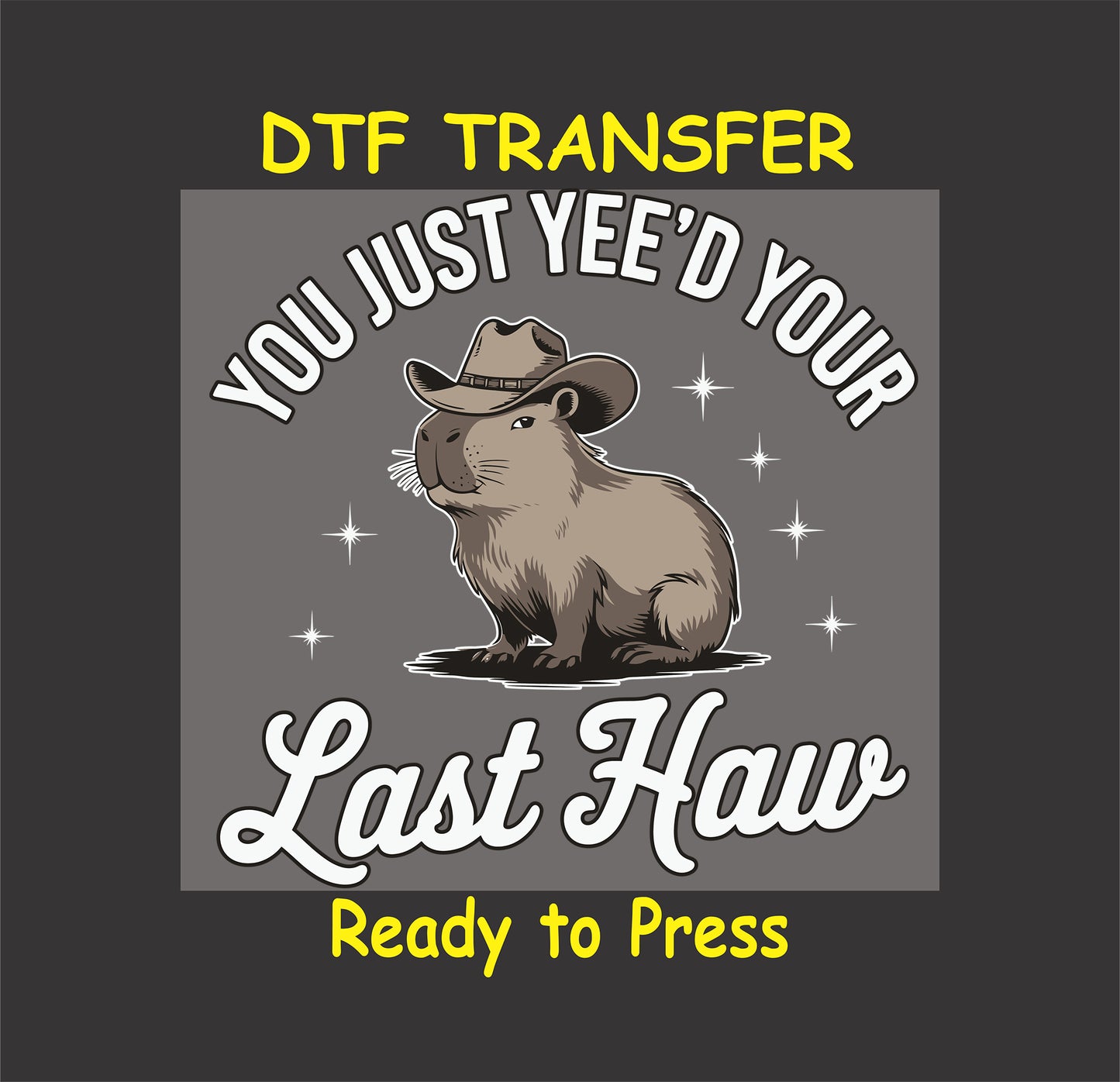 "Capybara wearing a cowboy hat with the text 'You Just Yee’d Your Last Haw,' a funny Western-themed DTF transfer design."