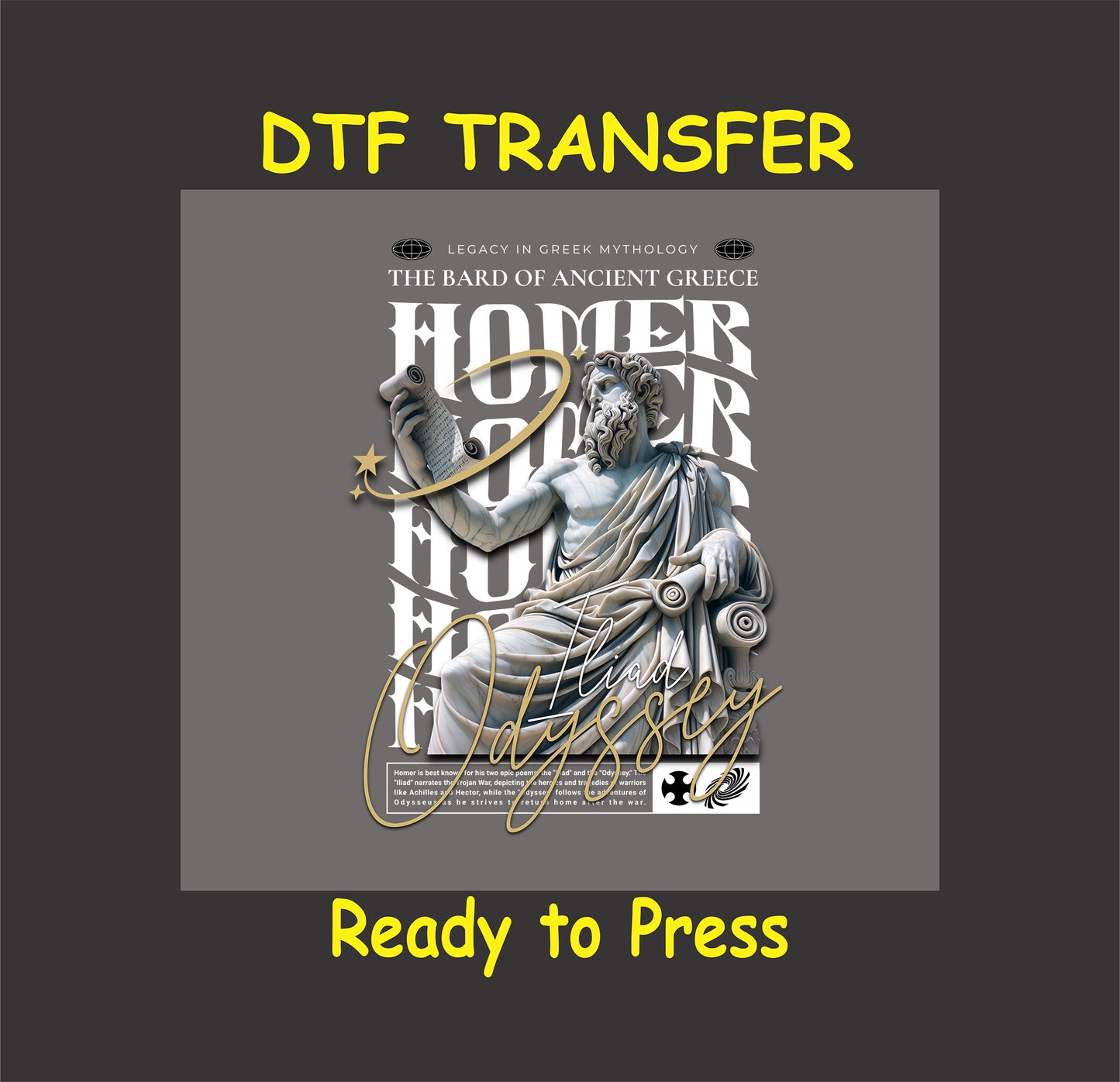 "Homer's Odyssey DTF Transfer featuring an artistic depiction of the ancient Greek bard and epic poetry."