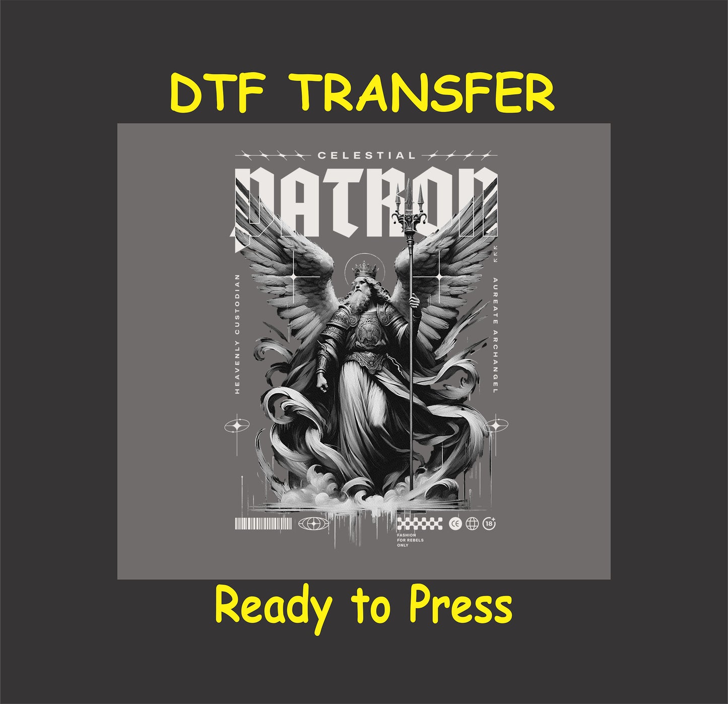"Celestial Patron Archangel DTF Transfer showcasing a heavenly guardian with detailed wings and spiritual elements, perfect for unique apparel designs."