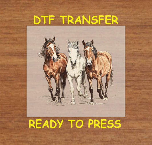 DTF transfer featuring three running horses in a western ranch-inspired design.
