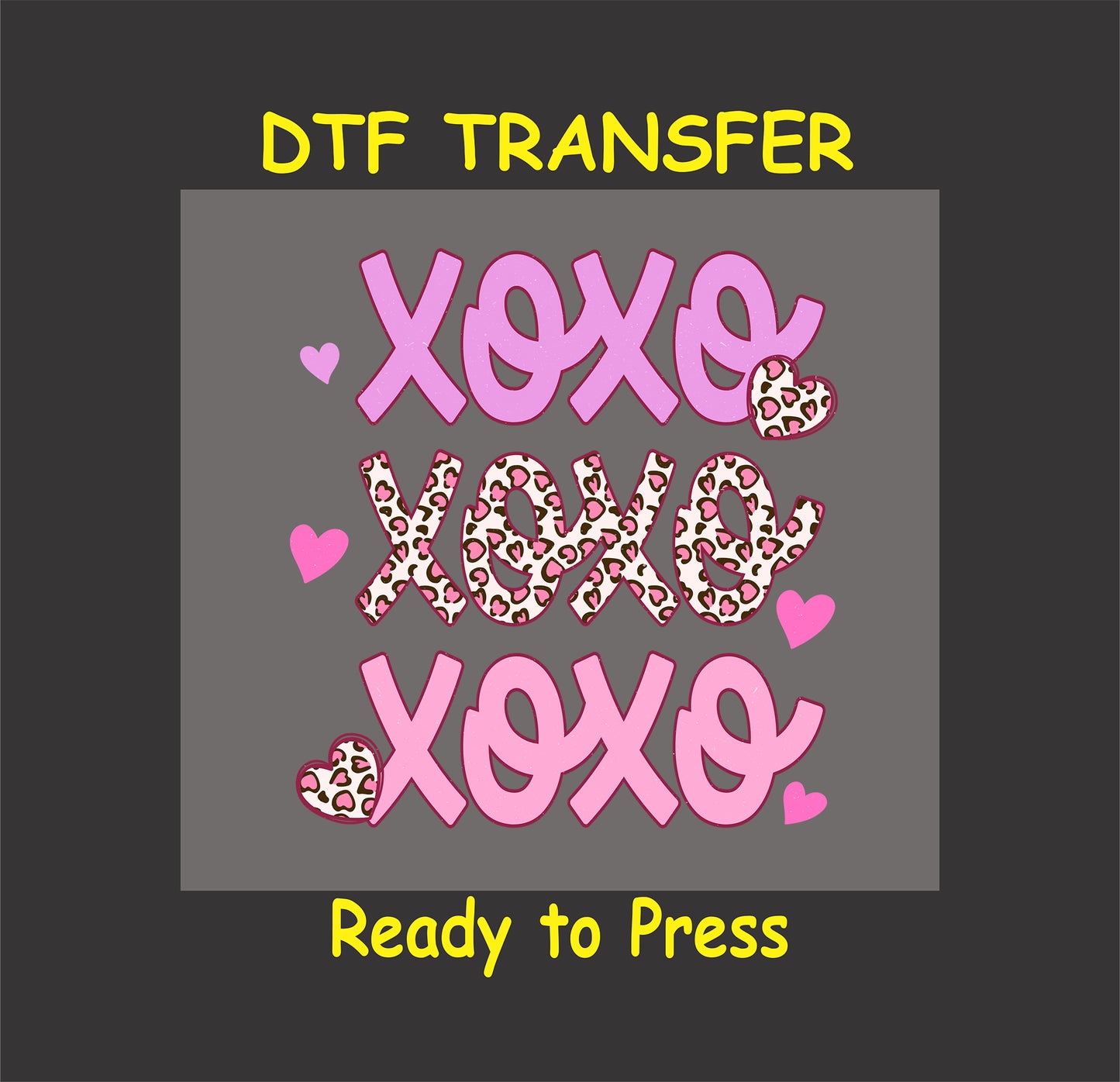 Pink and leopard-print XOXO design with heart accents, perfect for custom Valentine’s Day apparel.
