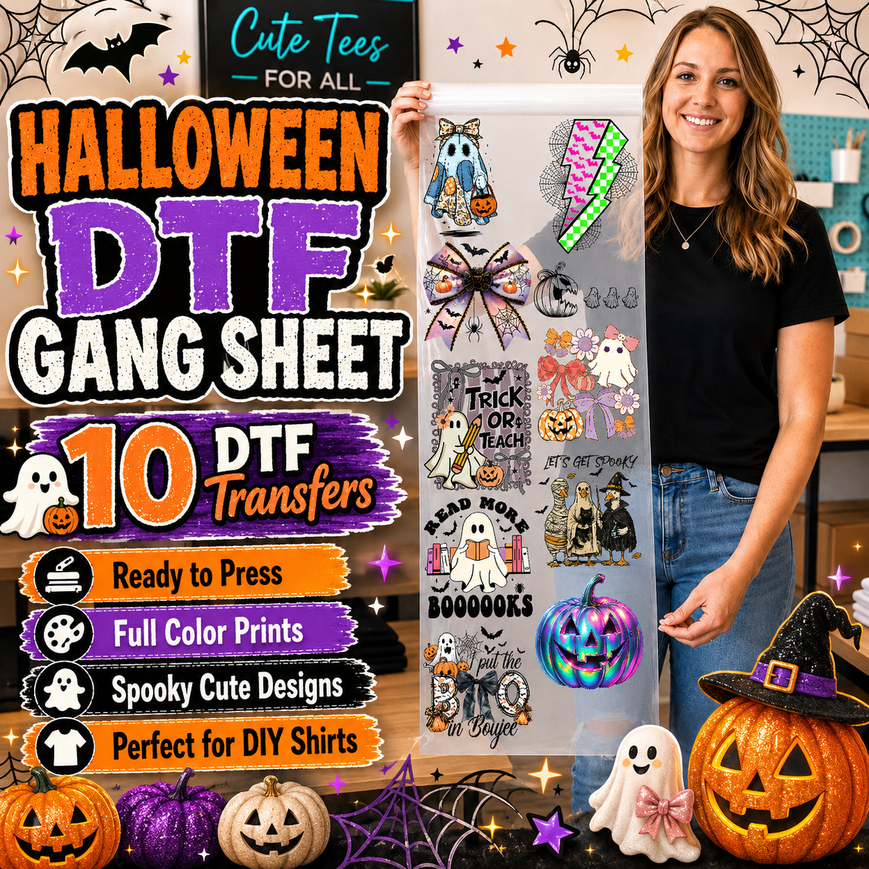 A woman holds up a clear DTF gang sheet decorated with various colorful Halloween-themed transfer designs, set against a festive background with jack-o'-lanterns, a witch hat, and promotional text overlays.