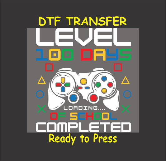 "Level 100 Days Loading - Gaming DTF Transfer with vibrant controller design for school milestone celebrations."
