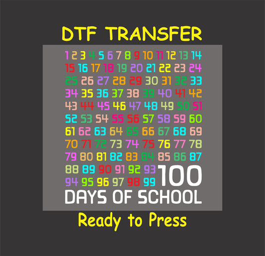 "Colorful Numbers 100 Days of School DTF Transfer with a vibrant grid design perfect for school celebrations."
