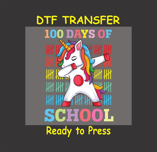 "100 Days of School Dabbing Unicorn DTF Transfer featuring rainbow mane, playful tally marks, and colorful design."