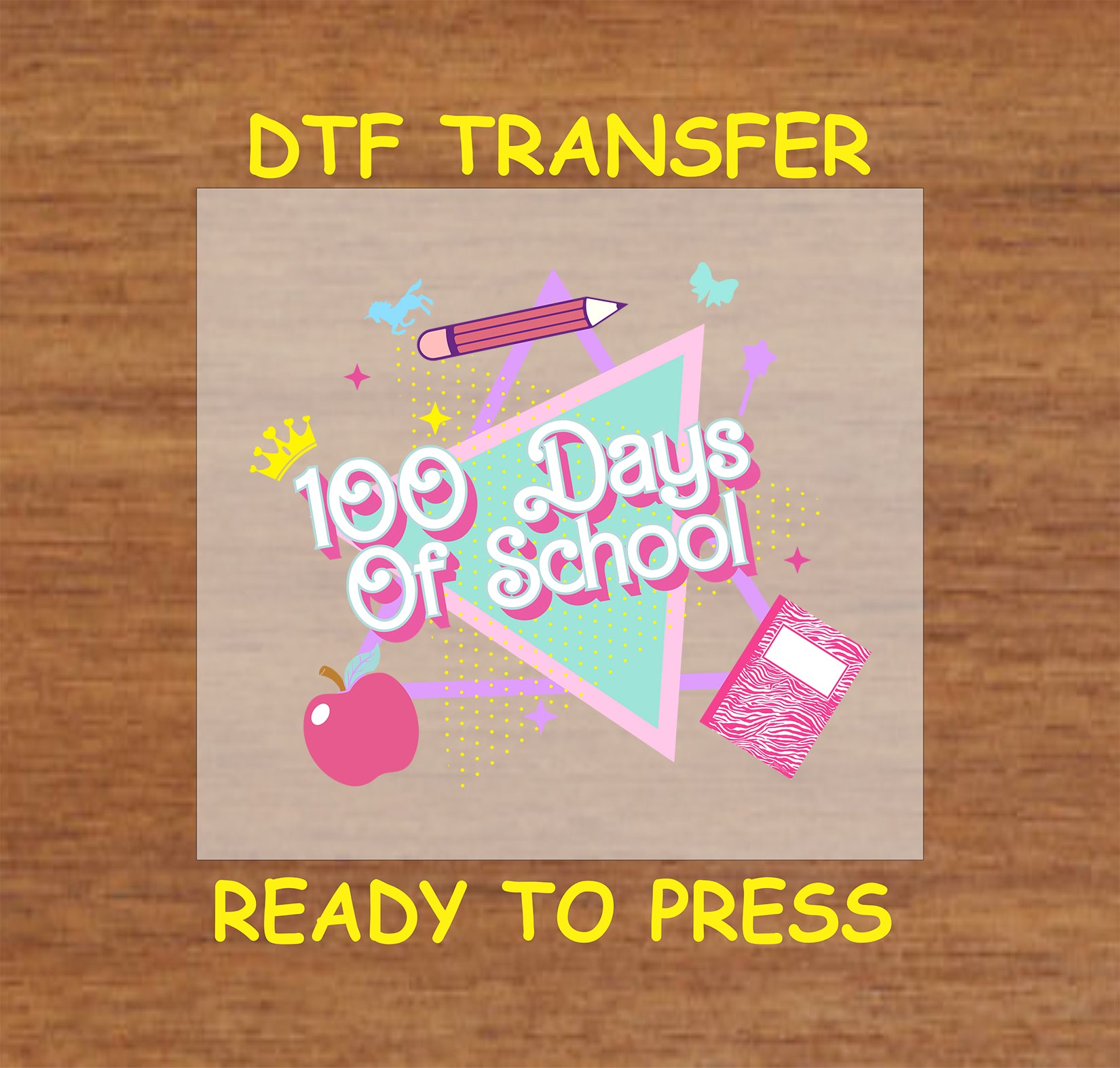 "100 Days of School Retro Pastel DTF Transfer featuring a triangle pattern, pastel tones, and school supplies."