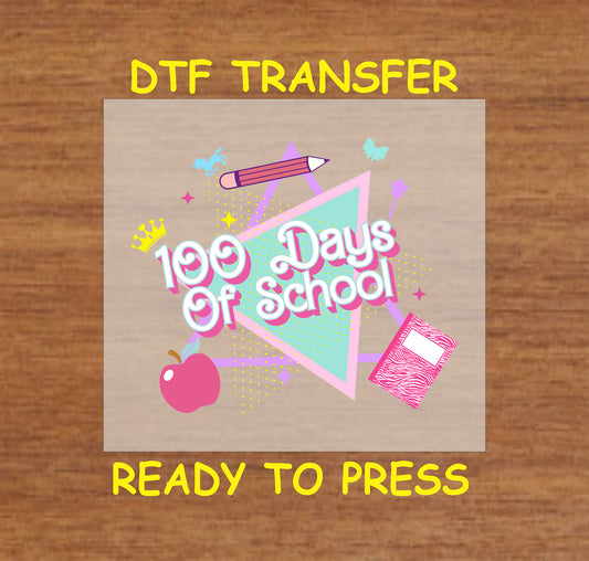 "100 Days of School Retro Pastel DTF Transfer featuring a triangle pattern, pastel tones, and school supplies."