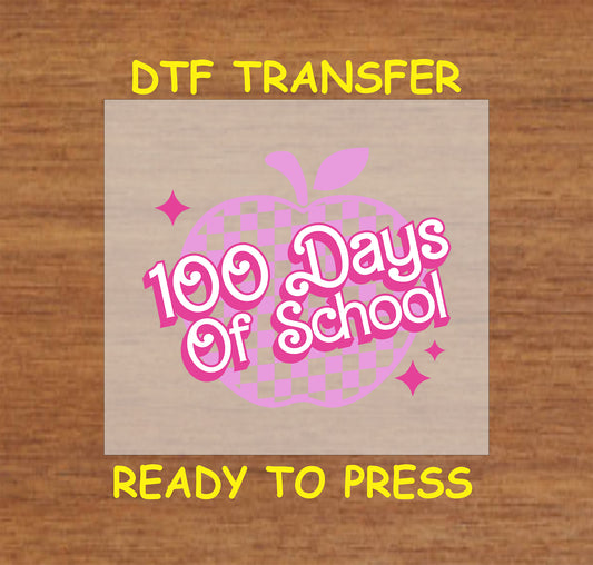 "100 Days of School DTF Transfer featuring a pink checkered apple design with bold text, ready for heat press application."