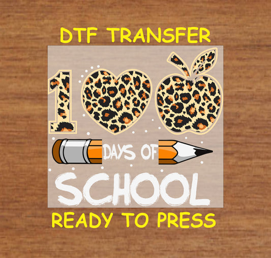 "100 Days of School DTF Transfer with leopard print heart, apple, and pencil, perfect for heat press."