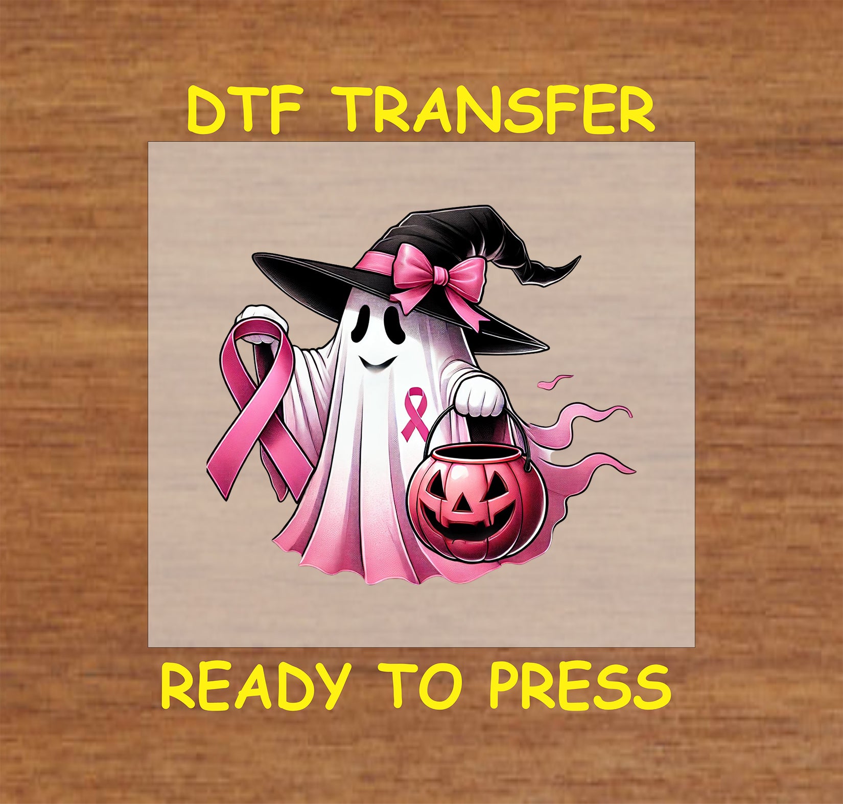 "Pink ghost witch design for Halloween and Breast Cancer Awareness, featuring a ribbon and pumpkin bucket."