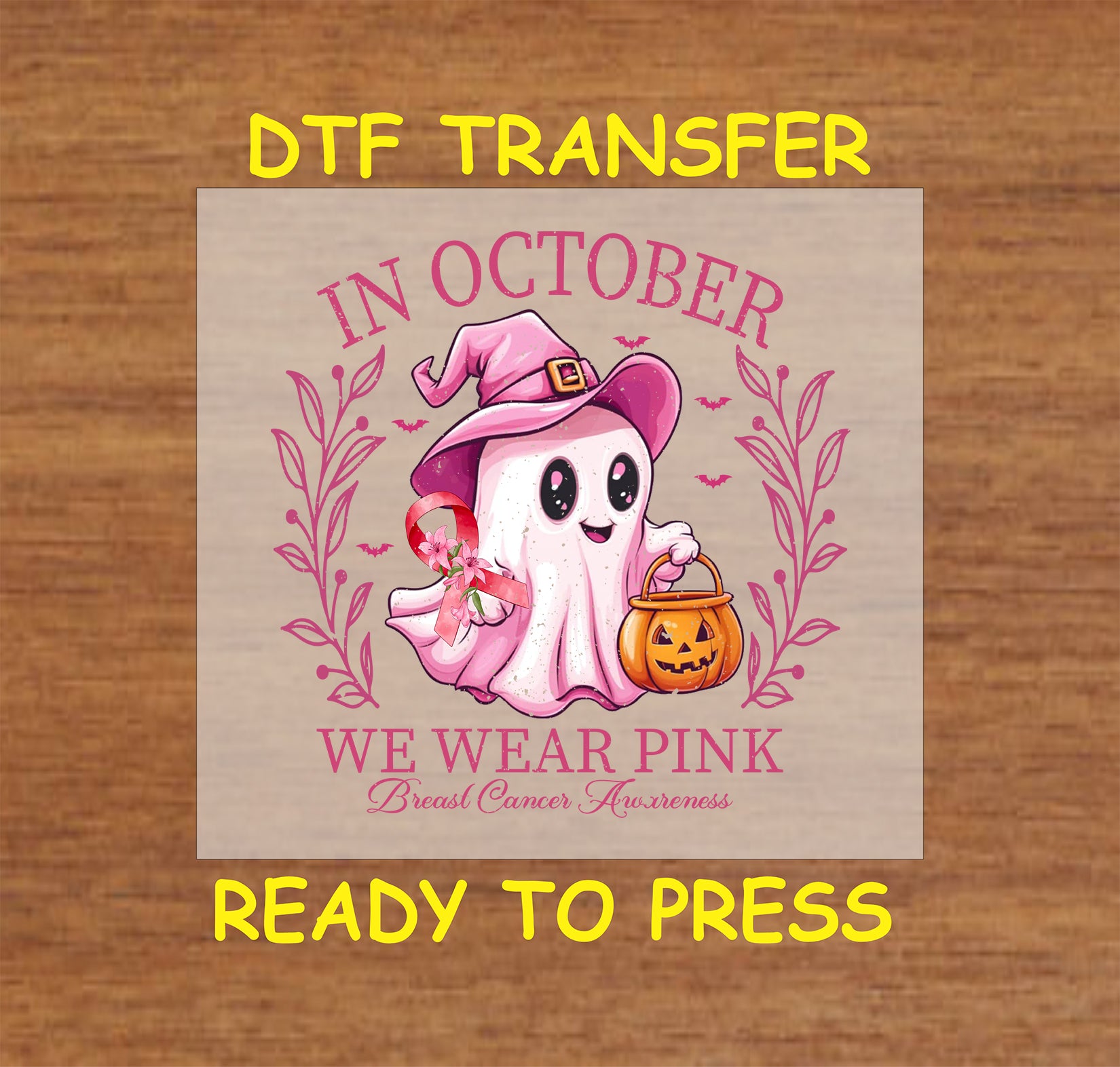 "Cute pink ghost witch DTF transfer for October breast cancer awareness apparel."