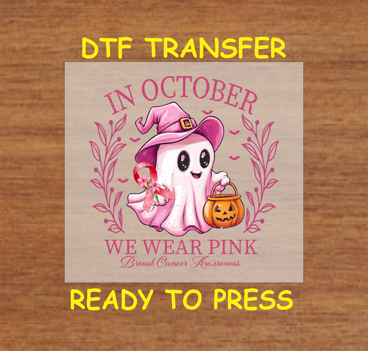 "Cute pink ghost witch DTF transfer for October breast cancer awareness apparel."