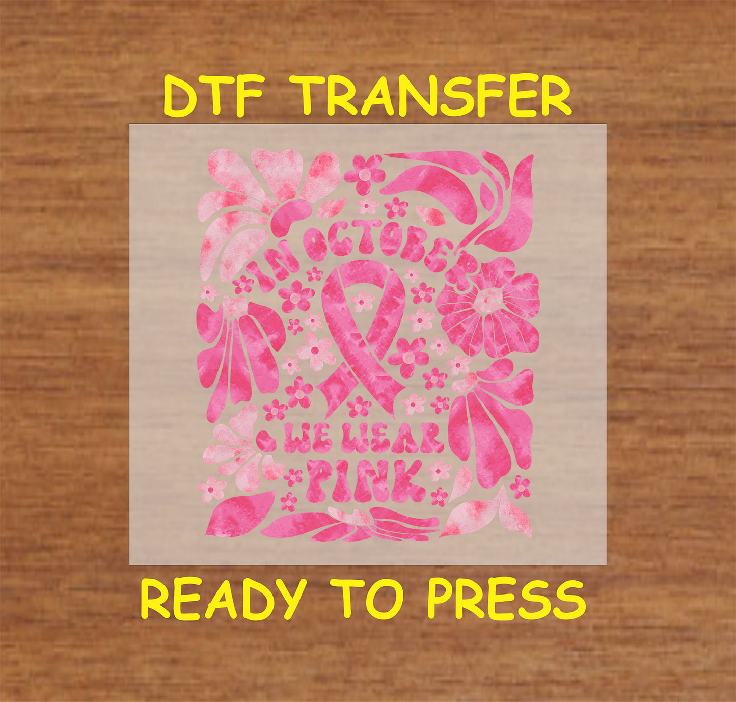 "Floral pink ribbon DTF transfer for Breast Cancer Awareness apparel."