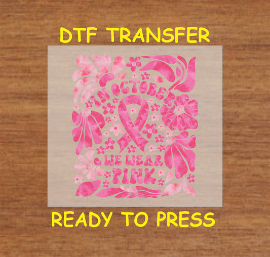 "Floral pink ribbon DTF transfer for Breast Cancer Awareness apparel."