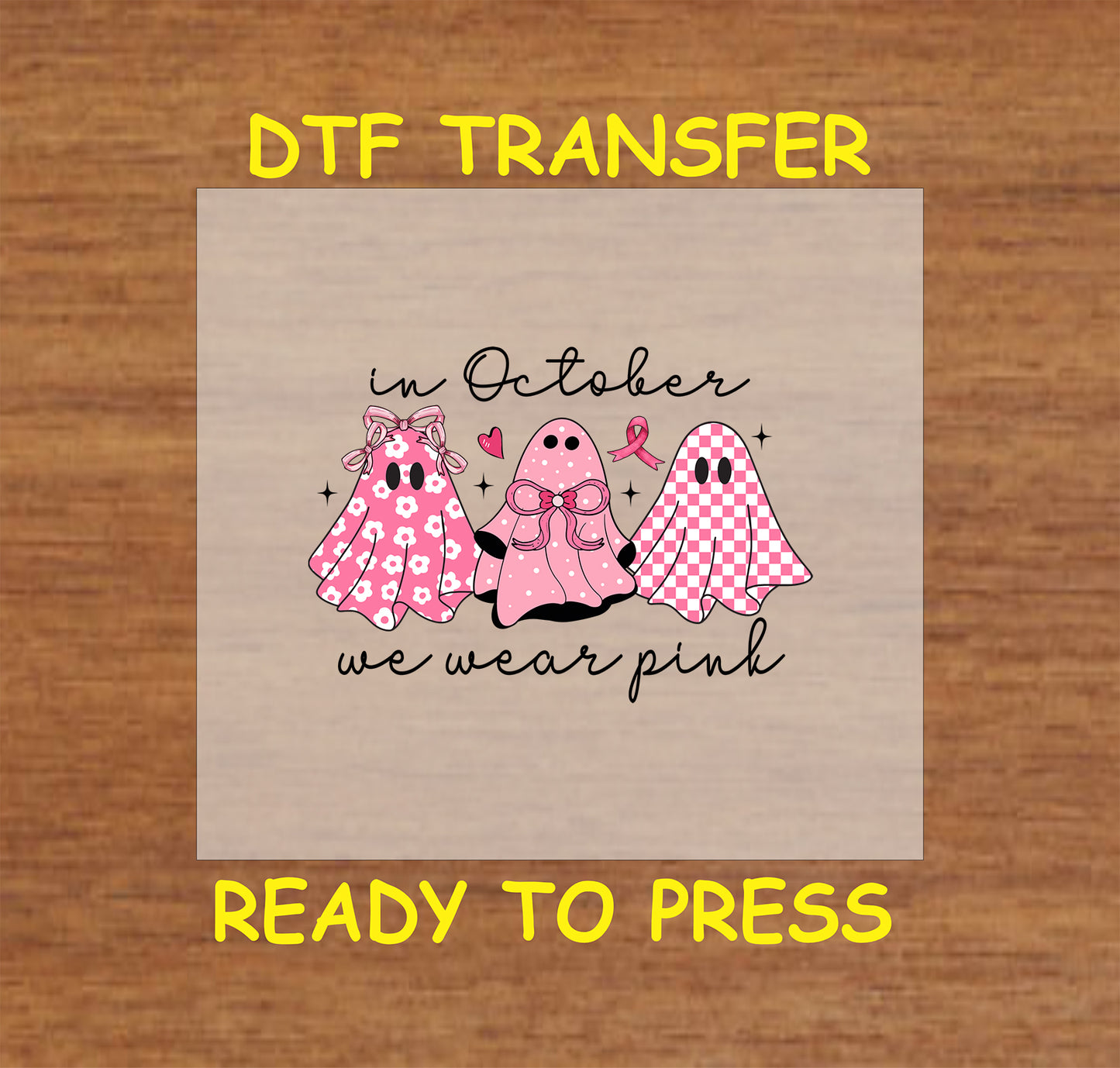 "Pink ghost trio DTF transfer design for October Breast Cancer Awareness apparel."