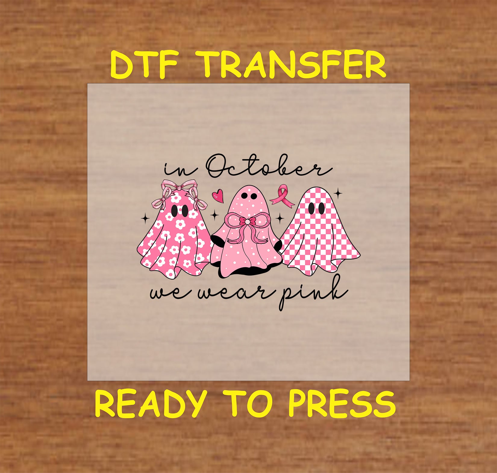 "Pink ghost trio DTF transfer design for October Breast Cancer Awareness apparel."