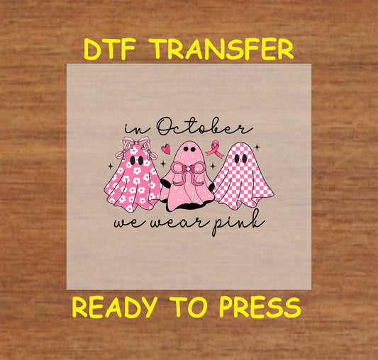 "Pink ghost trio DTF transfer design for October Breast Cancer Awareness apparel."