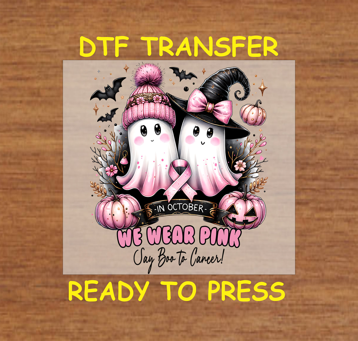 "Ghost duo DTF transfer design for October Breast Cancer Awareness and Halloween apparel."