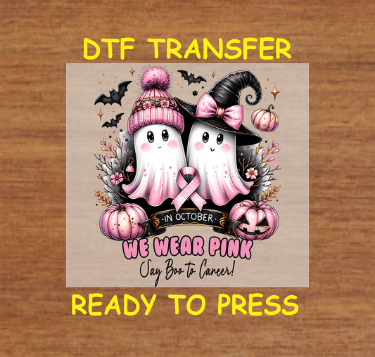 "Ghost duo DTF transfer design for October Breast Cancer Awareness and Halloween apparel."