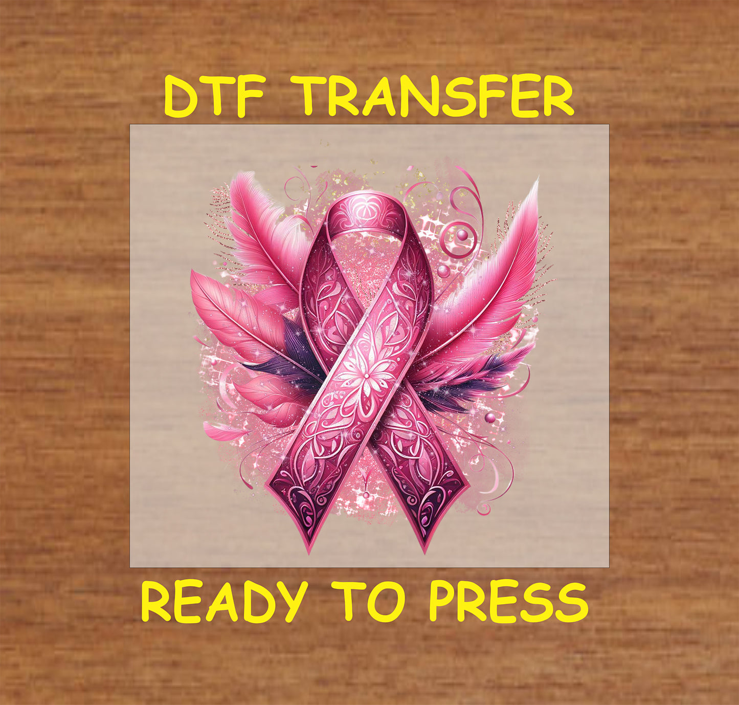 "Ornate Pink Ribbon DTF transfer with detailed feathers for Breast Cancer Awareness apparel."