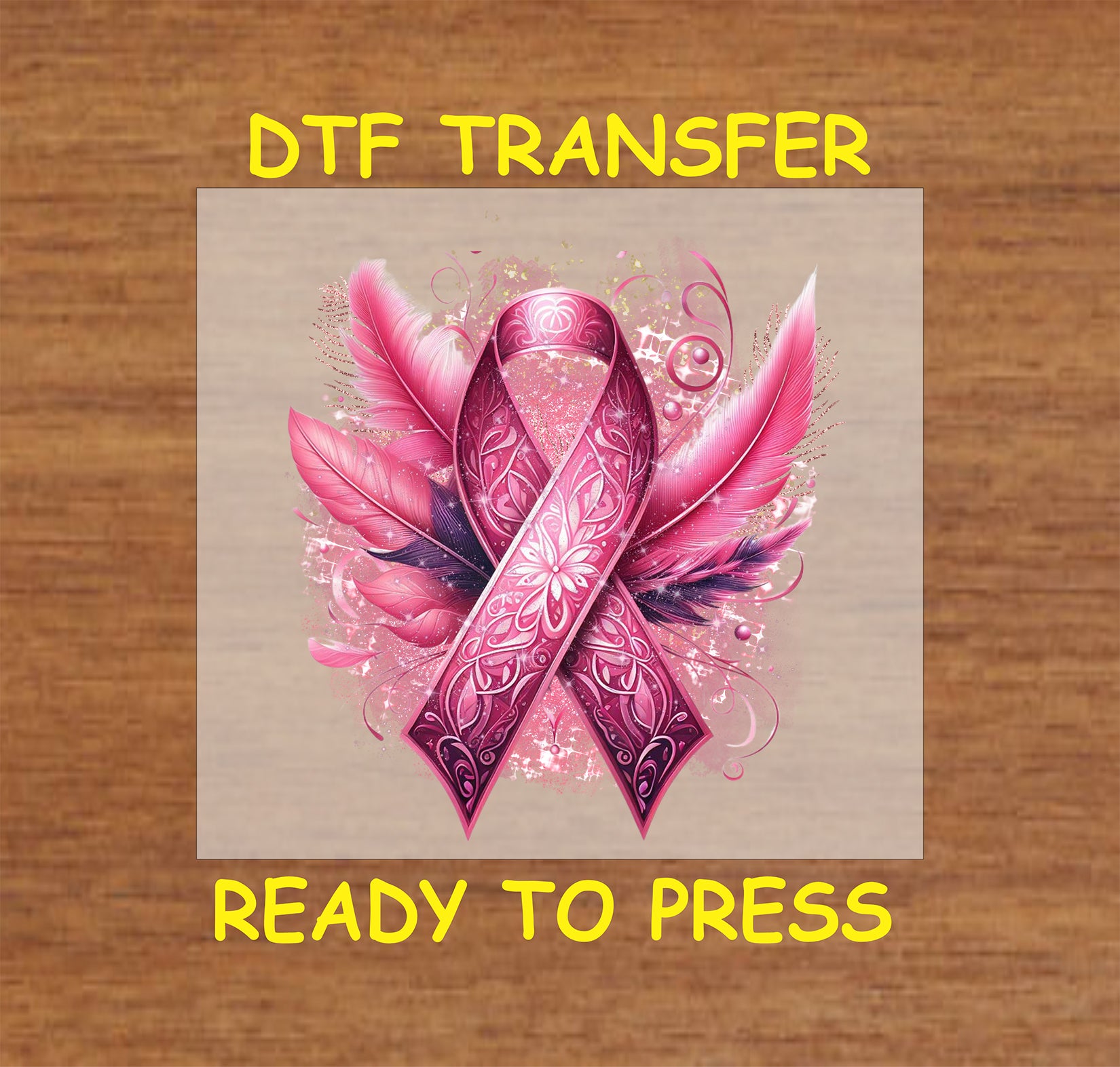 "Ornate Pink Ribbon DTF transfer with detailed feathers for Breast Cancer Awareness apparel."
