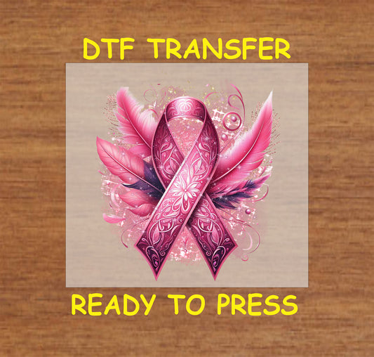 "Ornate Pink Ribbon DTF transfer with detailed feathers for Breast Cancer Awareness apparel."